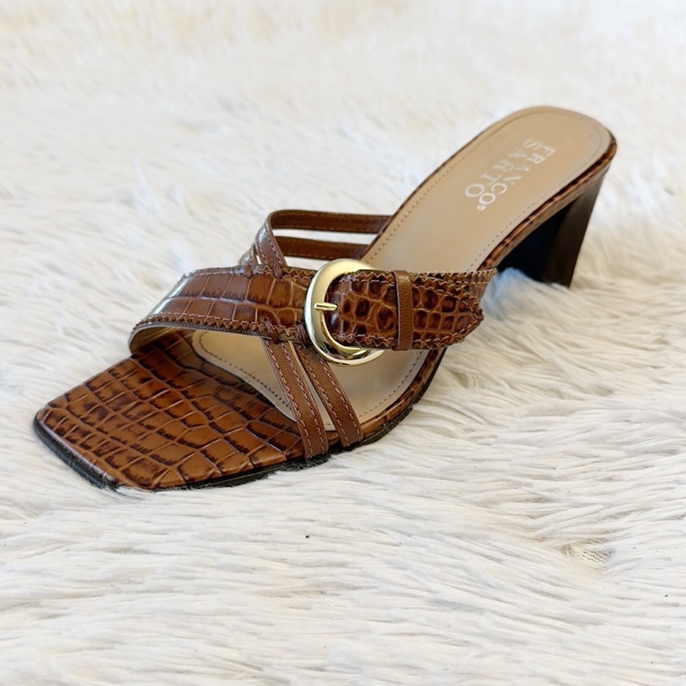 Franco Sarto Brown Leather Snake Gold Buckle Slip On heel women size 7.5